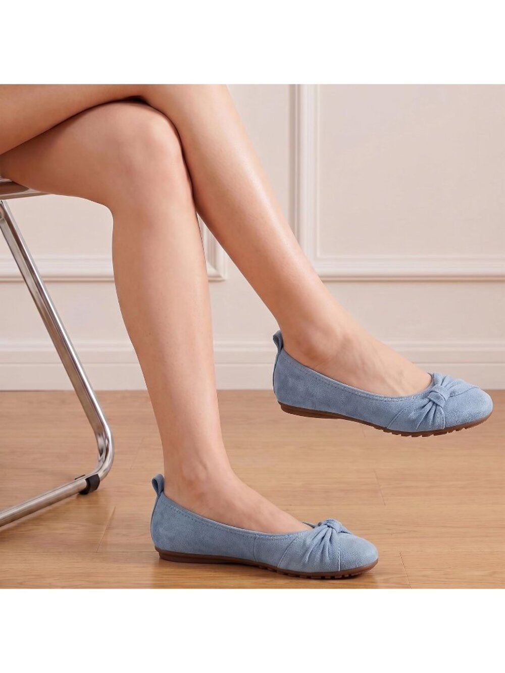 Women's Blue Suede Comfortable Ballet Flats Cushioned Foldable Slip On Shoes - Picture 6 of 6